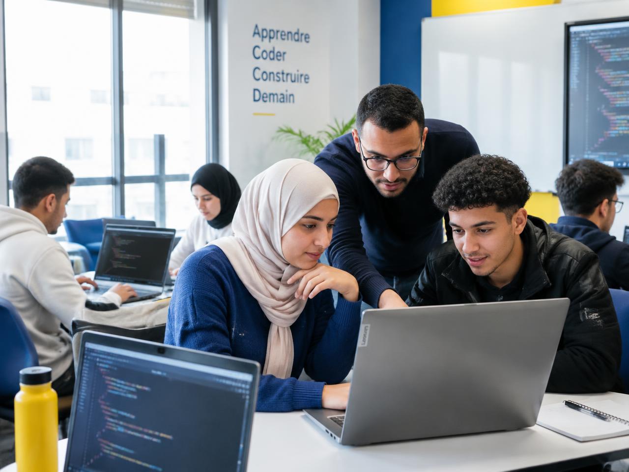 Apprenants travaillant sur ordinateur avec un formateur dans une salle de formation